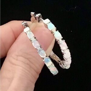 HSN Colleen Lopez Elegant 925 Sterling Silver Opal Large Hoop Earrings